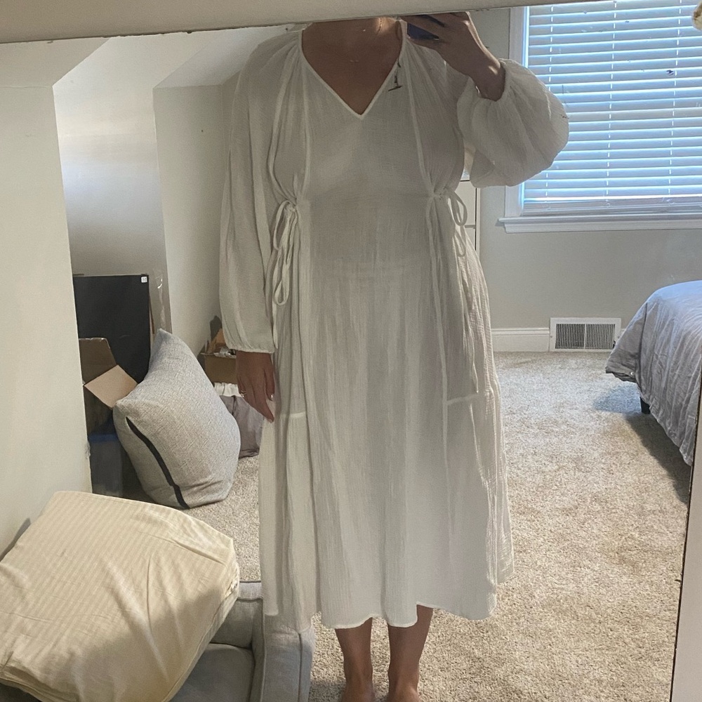 White Long Sleeve Midi Dress beach coverup